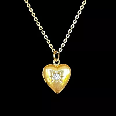 Vintage Dainty Heart Locket Pendant Necklace W/ Simulated Stone CZ Rhinestone • $14.50