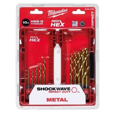 Milwaukee Drill Bit Set X10 Impact Titanium SHOCKWAVE RED HEX Shank HSS-G Metal • £32.81