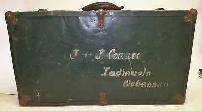 Vintage Antique Metal Wood & Leather Travel Trunk Suitcase 26 1/4X14 1/4X8 3/4 • $55