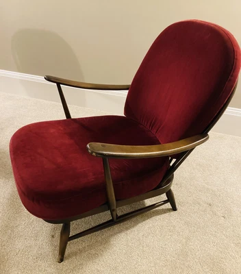 £200 • Buy Vintage Ercol Armchair Dark Wood Velvet Mid Century Windsor