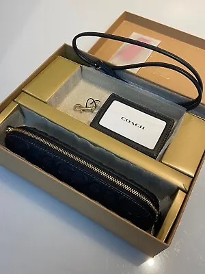 COACH SET Of Zip Pencil Case & ID Lanyard Gold Black Embossed Leather W Gift Box • $59