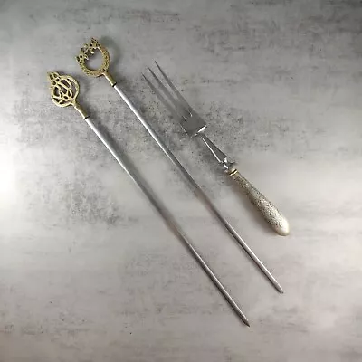 Vintage Serving Fork + Shish Kebab Skewers Steel W Brass Handles Turkey BBQ  • $10