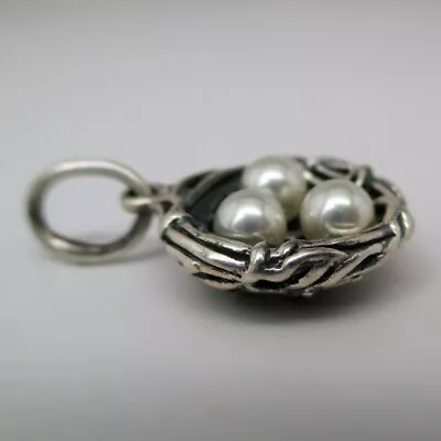 Vintage BIRDS NEST Charm For Bracelet PEARL EGGS Sterling Silver PENDANT Nice! • $24