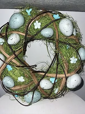 Handmade Spring Easter Wreath Eggs  Flowers Moss 12” Natural Branches Blue Green • $34.48