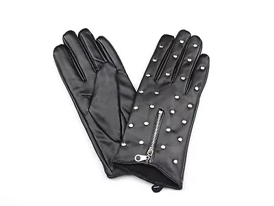 Black Faux Leather Womens Gloves With Metal Beads & Zipper Biker Glove • $11.99