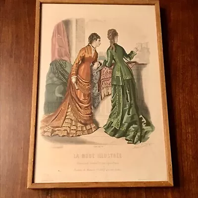 French Antique Hand Colored Fashion Engraving  La Mode Illustree Paris 1877 • $24.95