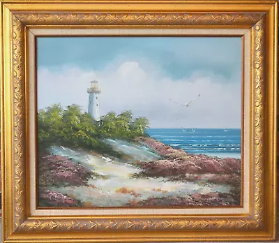 Vintage Original Oil Painting Seaside Lighthouse Signed Framed • $95