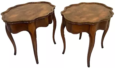Vintage Pair Louis XV Solid Maple & Burl Inlaid Scalloped Edge Side End Table • $1695