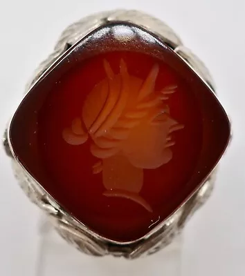 Vintage Unknown Silver Carved Intaglio Cameo Carnelian Stone Size 5.25 Ring • $24.50