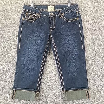 L.A. Idol Capri Cropped Blue Jeans Rhinestones Flap Pockets Junior's Size 11 • $19.96