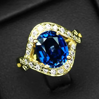 Sapphire Royal Blue Oval 4.60CT. 925 Sterling Silver Gold Ring Size 7.25 Wedding • $14.99