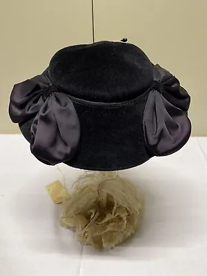 Vtg Black VelvetFIELD SCHLICK W Ribbon Bows Ladies Statement Mourning Hat • $125