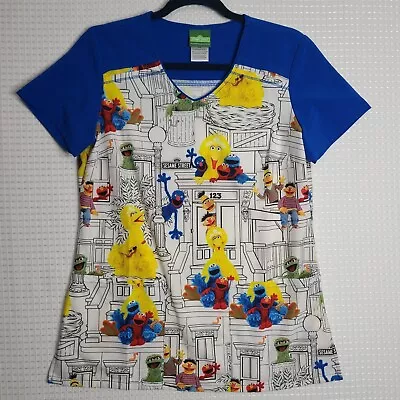 Adult Sesame Street Scrub Top XS White/Blue Pockets Big Bird Elmo EUC • $15.99