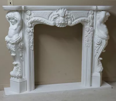 Solid White Marble French Fireplace Mantel With Cherubs Hand Carved 61 W X 48 H • $4796