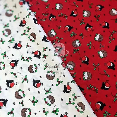 £4.99 • Buy Christmas Pudding Robin Printed Kids 100% Cotton Fabric - FQ Metre Red Ivory