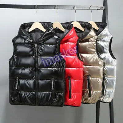 Mens Puffer Quilted Hooded Waistcoat Metallic Shiny Gilet Bubble Jacket Coat Red • $29.99