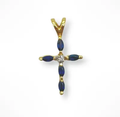 14k Gold Marquise Blue Topaz And Diamond Cross Pendant  • $112.50