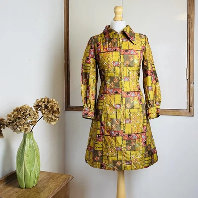 Vintage 70s Yellow Red Grey Patchwork Print Dagger Collar Zip Up Mini Dress 8 10 • £28