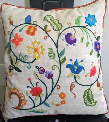 Vintage Wool Crewel On Linen Embroidered Pillow Jacobean Floral Feather Fill 15  • $44.99