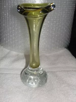 Murano Art Glass Trumpet Bud Vase Controlled Bubble Clear Yellow Green Vintage • $19