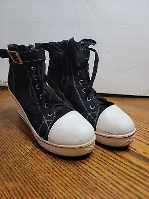 $17.92 • Buy Max Star Yufu Sneaker Ankle Boots Black Wedge Shoes Zip W/Laces Chuck SZ 39 (6.5