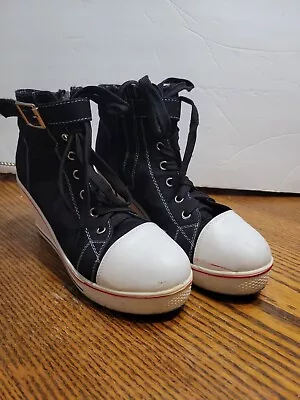 Max Star Yufu Sneaker Ankle Boots Black Wedge Shoes Zip W/Laces Chuck SZ 39 (6.5 • $16.80