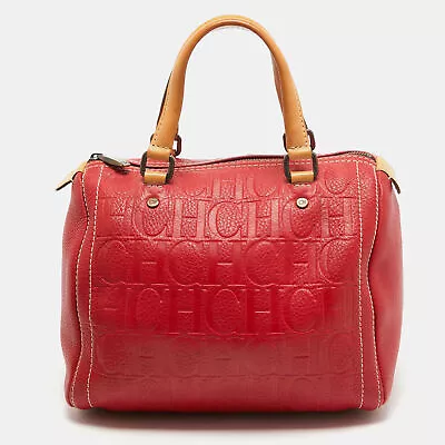 CH Carolina Herrera Red Monogram Embossed Leather Andy Boston Bag • $259.35