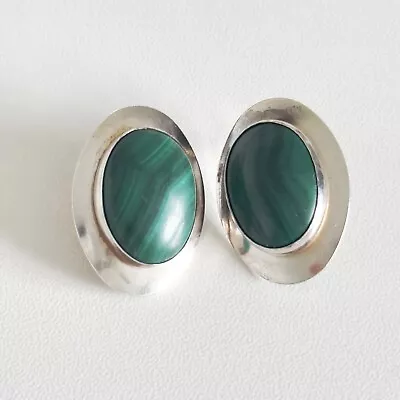 Vintage 925 Sterling Silver Oval Malachite Shiny Modernist Post Earrings • $49.99