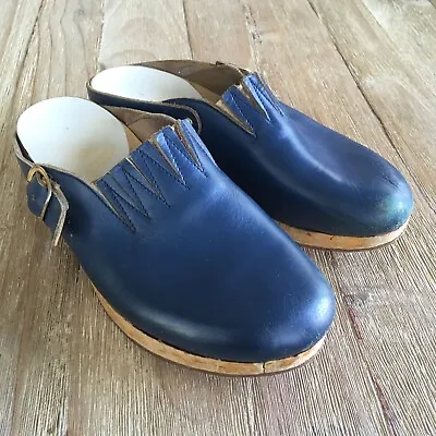 Vintage Blue Leather Clogs Ankle Strap Orthopedic Denmark 38 • $30.97