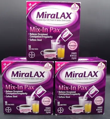 Lot Of 3 MiraLax Mix In Pax - 10ct Each Unflavored Exp:01/25+ New & Sealed • $36.95