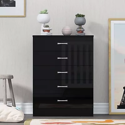 High Gloss Black Chest Of Drawers 5 Drawer Bedroom Furniture Storage Cabinet • £58.99