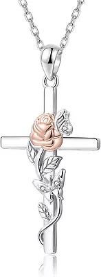 Cross Necklace For Women Girlfriend Wife 925 Sterling Silver Rose Flower Butterf • $94.09