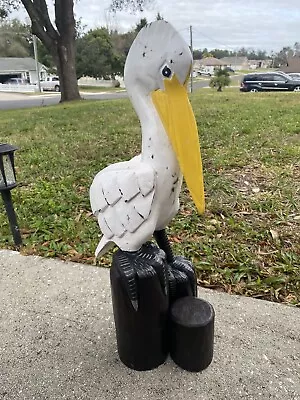 Sitting Pelican On Piling Hand Carved Wood Tropical Sculpture Bird Decor • $55