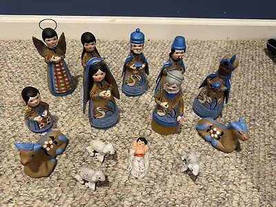 Christmas Folkart Nativity Manger Set  Handpainted Mexican Pottery 14 Piece • $25