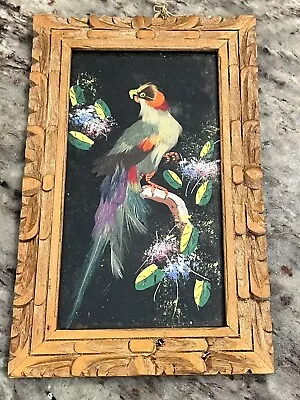 Vintage Mexican Folk Art Hand Painted Feather Bird Carved Wood Frame • $20