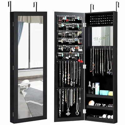 Mirrored Jewelry Cabinet Armoire Storage Organizer Wall Door Mounted Black New • $89.99