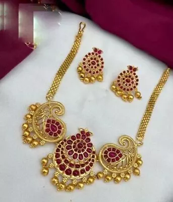 Indian Bollywood Gold Plated Necklace Earrings Temple South Bridal Jewelry Set • $36.39