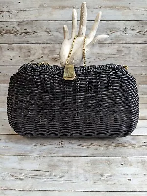 Vintage 1960s Rattan Wicker Purse Plastic Coated Black Gold Chain Strap • $29