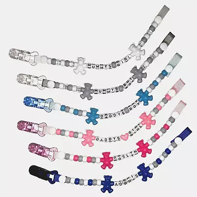 Elephants &  Teddies Dummy Clips Clip Chain Pink Blue Grey White Boys And Girls • £3.25