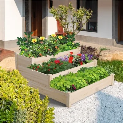 Wooden Raised Garden Bed 3 Tier Elevated Planter Box Kit For Vegetable Flowers • £56.98