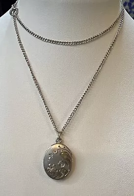 Vintage Sterling Silver 925 Etched Engraved Floral Oval Locket Necklace • $55