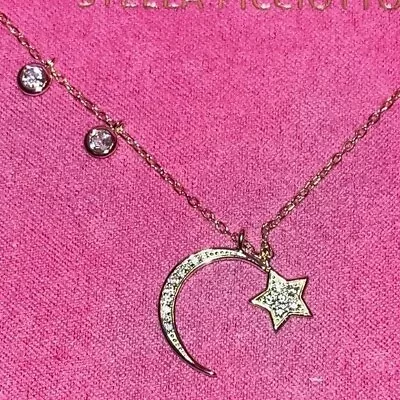 Stella Picciotto Gold/Sterling Silver Moon Star Dangle Charm CZ Necklace 925 NWT • $25