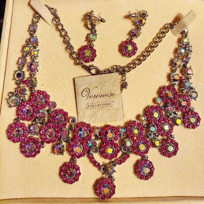 Veronese SS Vintage Pink Crystal Flower Statement Jewelry Pendant Earrings Set • $199