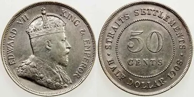 1908 Silver Coin Fifty Cents Half Dollar Straits Settlements Malaya Edward VII • $119.99