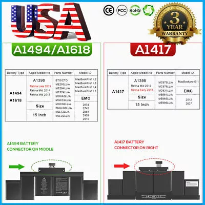 A1494 A1417 A1618 Battery For Apple MacBook 15  Retina A1398 2012 -2015 + Tools • $35.69