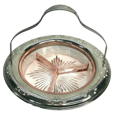 Farberware Pink Depression Glass Divided Relish Dish Handle Brooklyn NY USA • $39.97