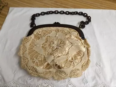 Vtg. Miriam Lefcourt Lace/satin Purse; Plastic Framing/chain. • $45