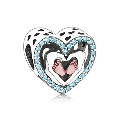 $29.99 • Buy S925 Silver & Rose Gold Baby Boy Blue Feet Heart Charm By YOUnique Designs