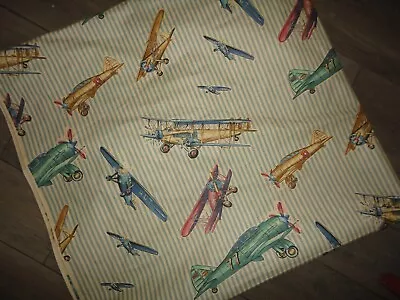 Vintage Airplanes Blue Cream Red Stripe Aeronautics Fabric 112 X 208 (5.77yds) • $111.20