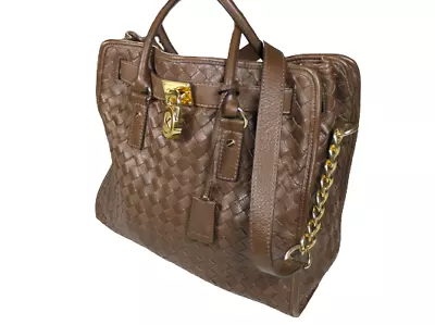 Michael Kors Hamilton Large Handbag Shoulder Bag Lock Woven Leather Satchel   • $127.50